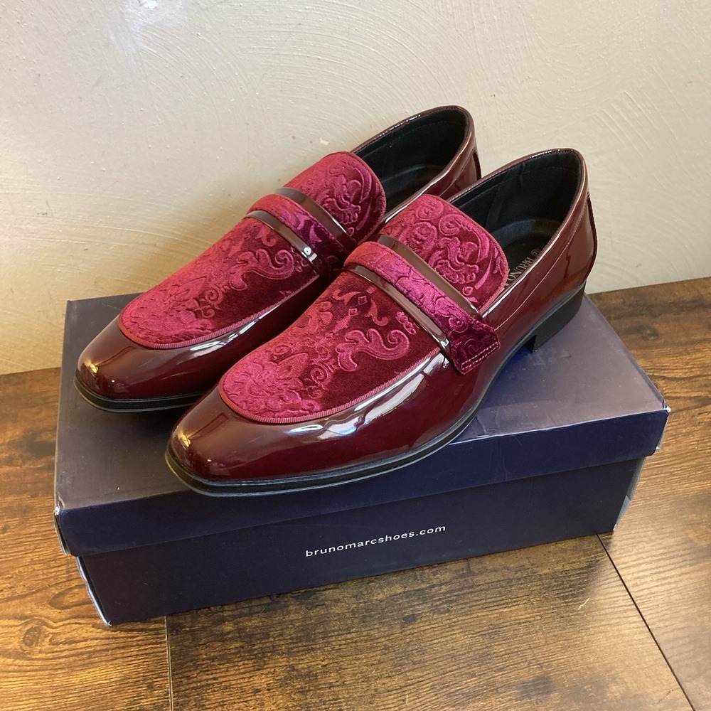 Bruno Marc Mens Sz 12 Tuxedo Loafers Red Velvet Slip-on Dress Shoe Fashion Prom - Picture 1 of 13